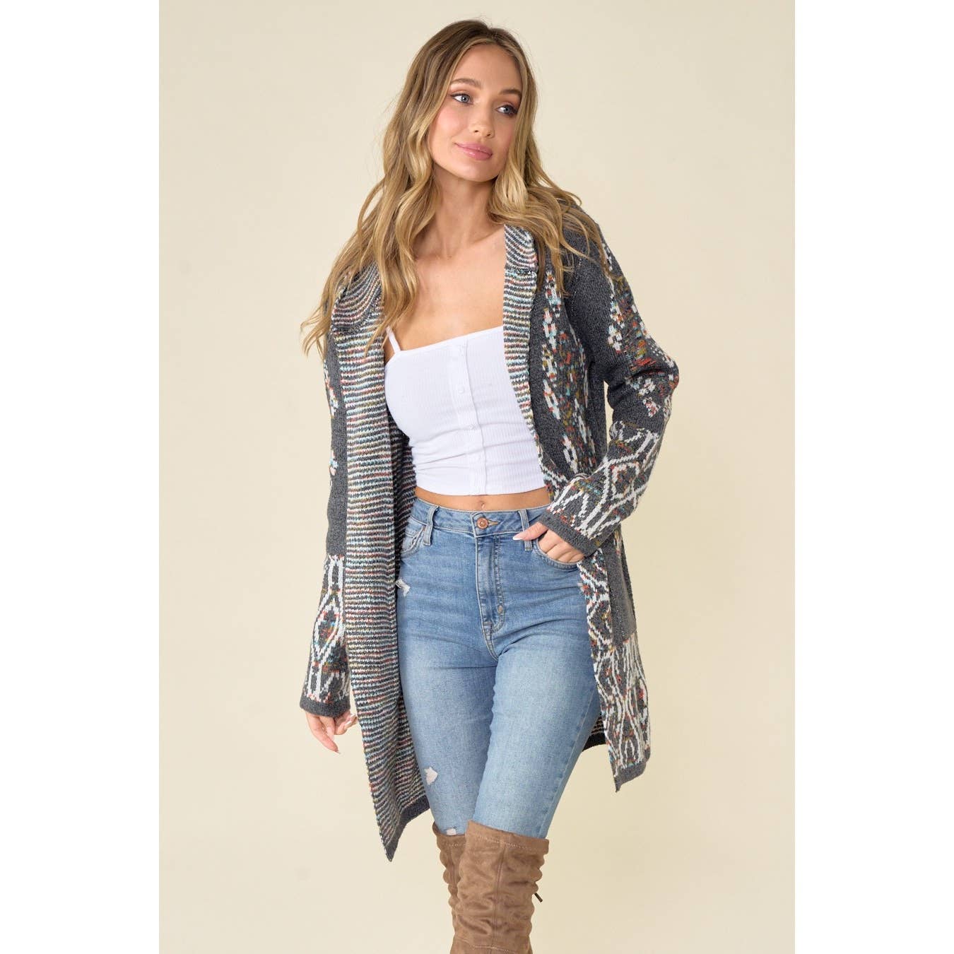 Aztec Rainbow Jacquard Long Sleeve Hooded Cardigan: GREY