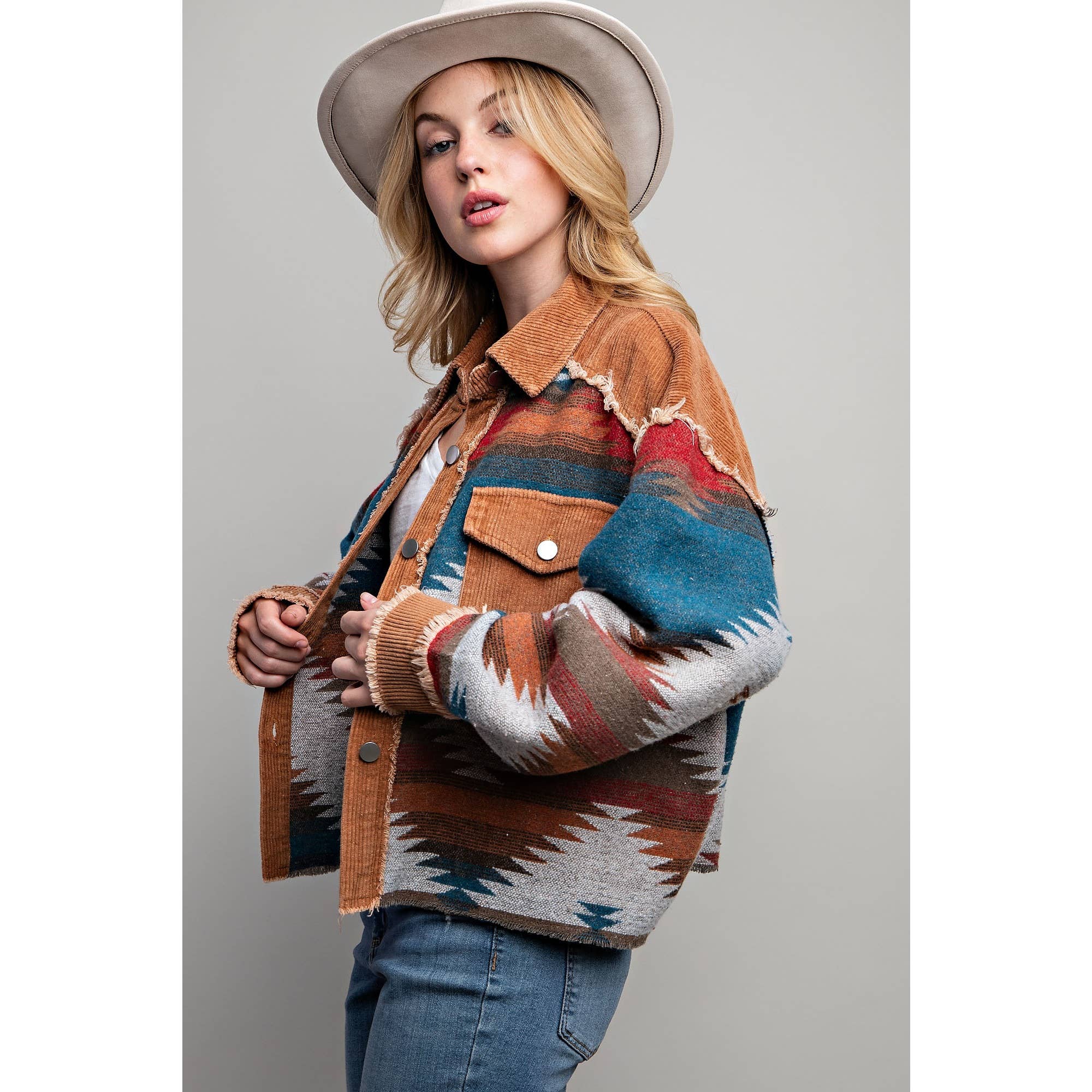 TRIBAL AZTEC PATTERN COLORBLOCK BUTTON DOWN SHIRT JACKET: