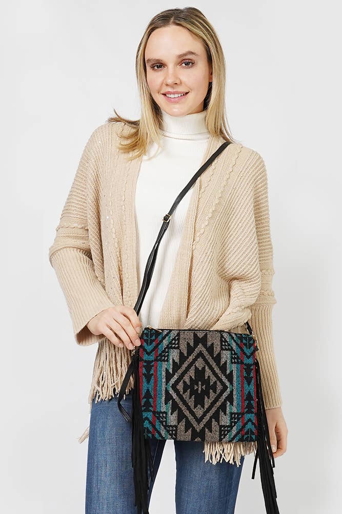 Aztec Pattern Tassel Crossbody Bag: Burgundy