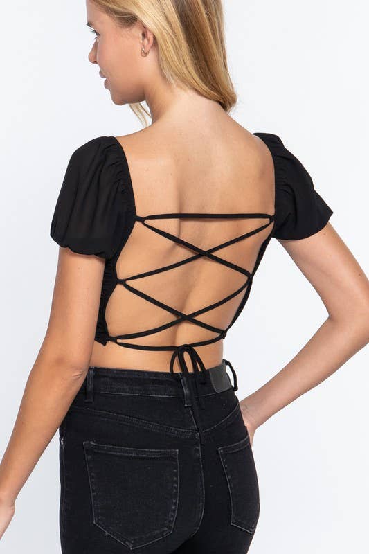 Straight Neck Ruched Cross Back Woven Top Black