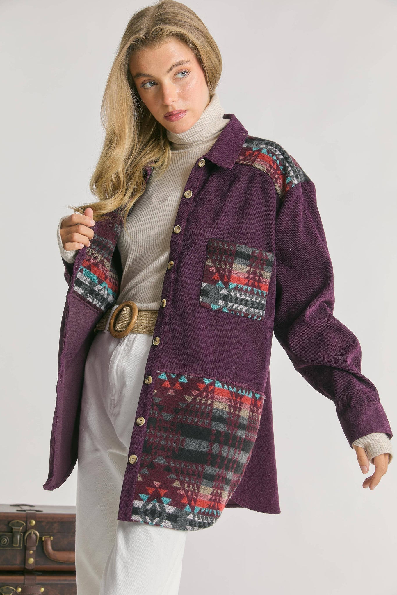 GEO JACQUARD WEAVING CONTRAST BUTTON FRONT SHIRT