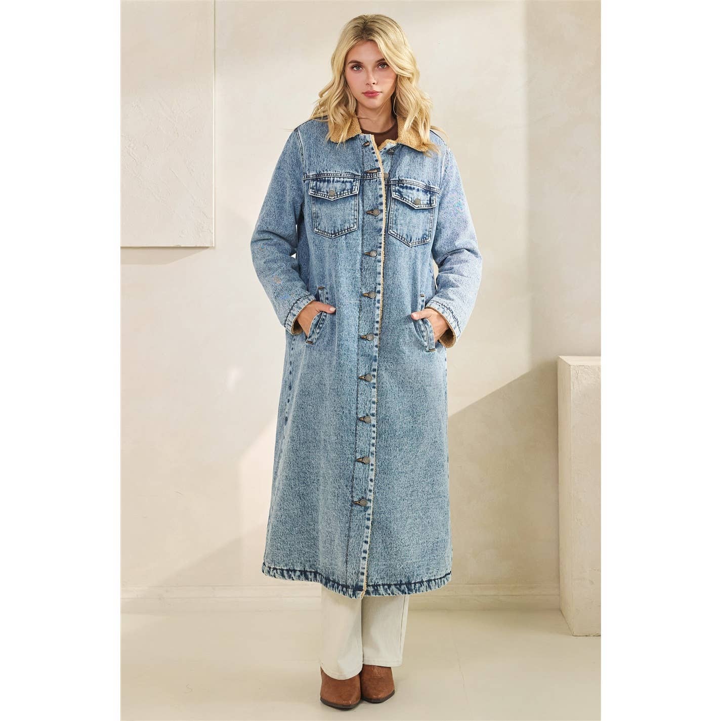 Teddy Lined Long Denim Jacket: Med Wash