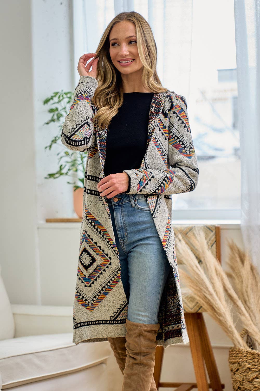 Rainbow Multi Diamond Long Sleeve Long Cardigan WITH HOOD
