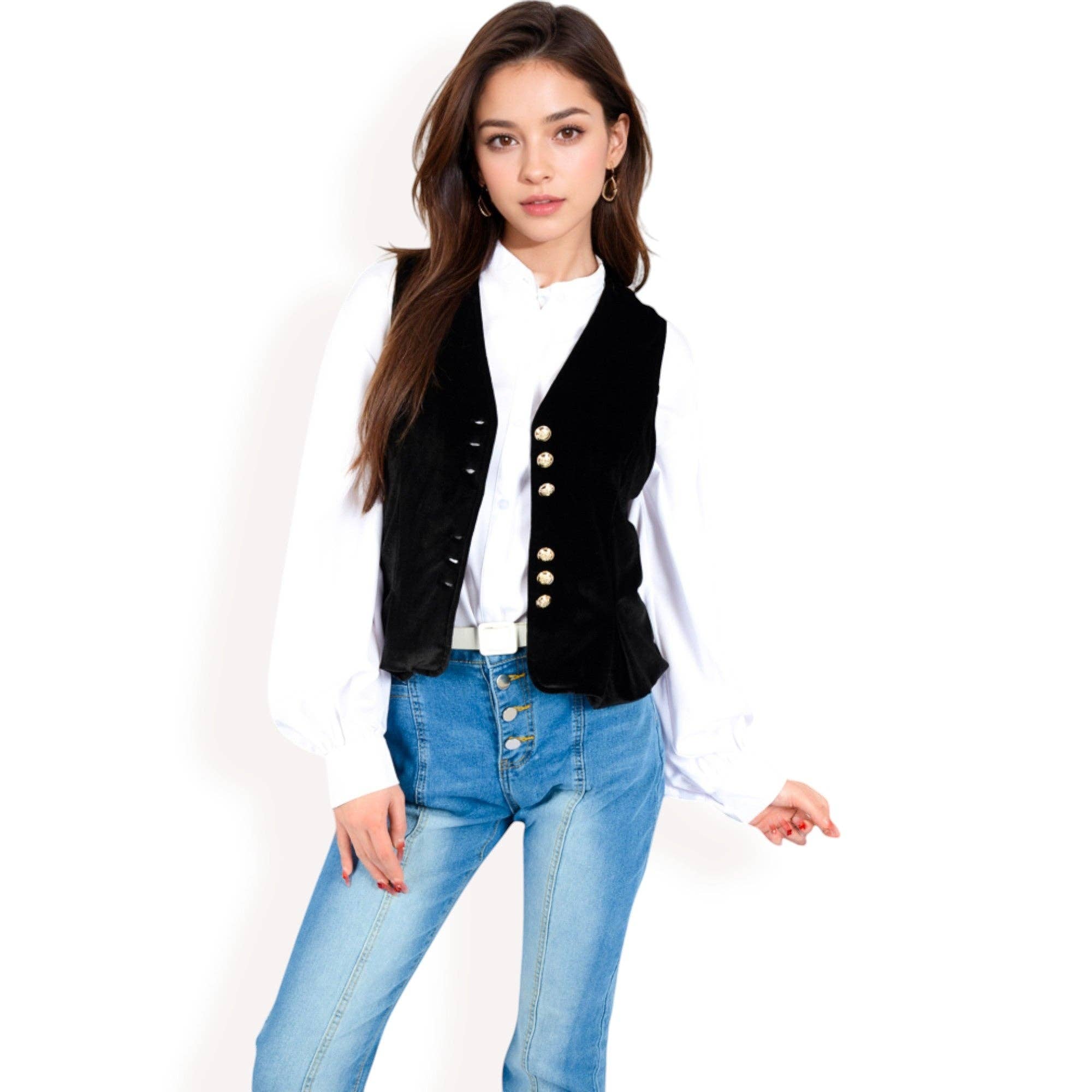 Velvet Peplum Vest with Button Detai: Black