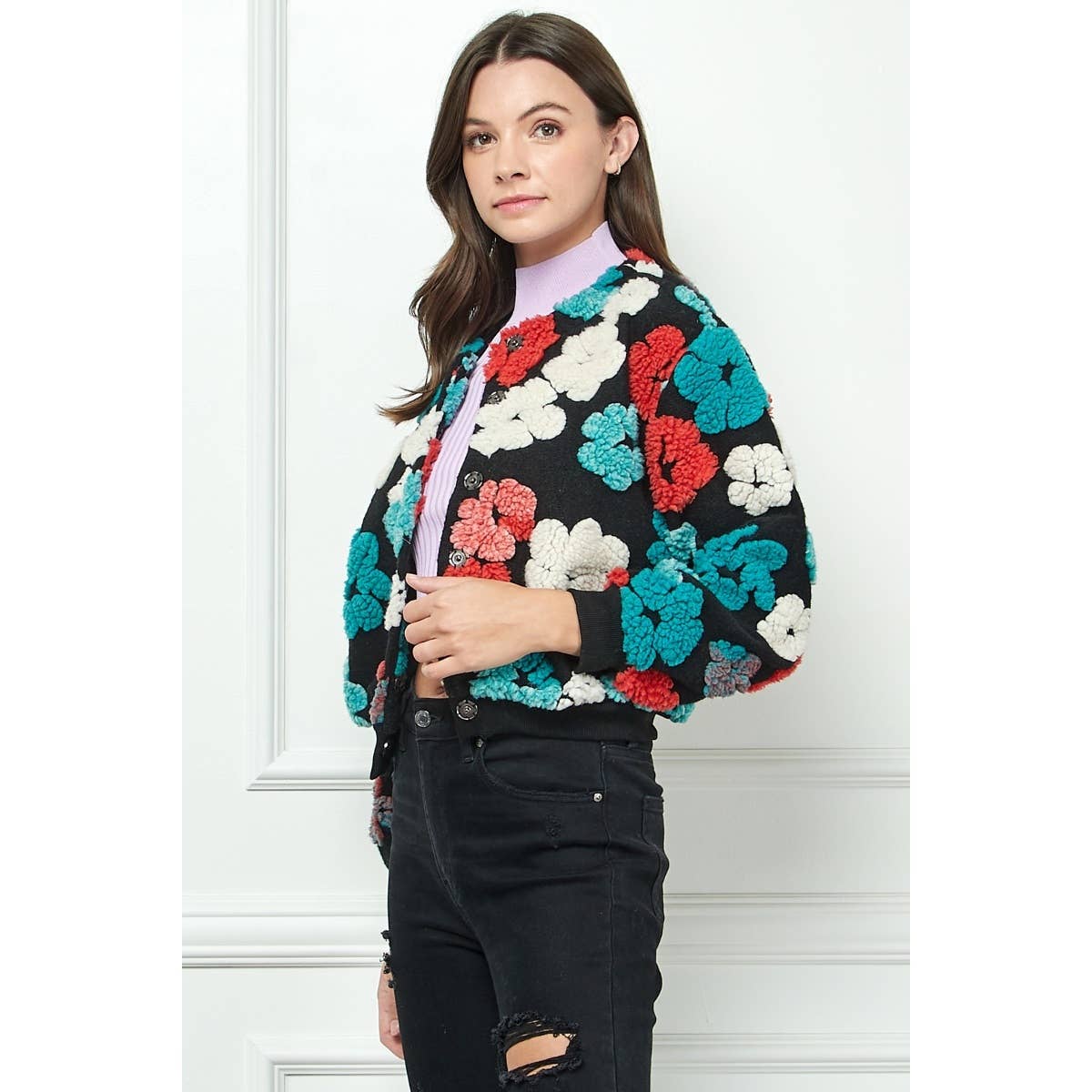 Felted Flower Puff Sleeve Button Jacket: Red Combo