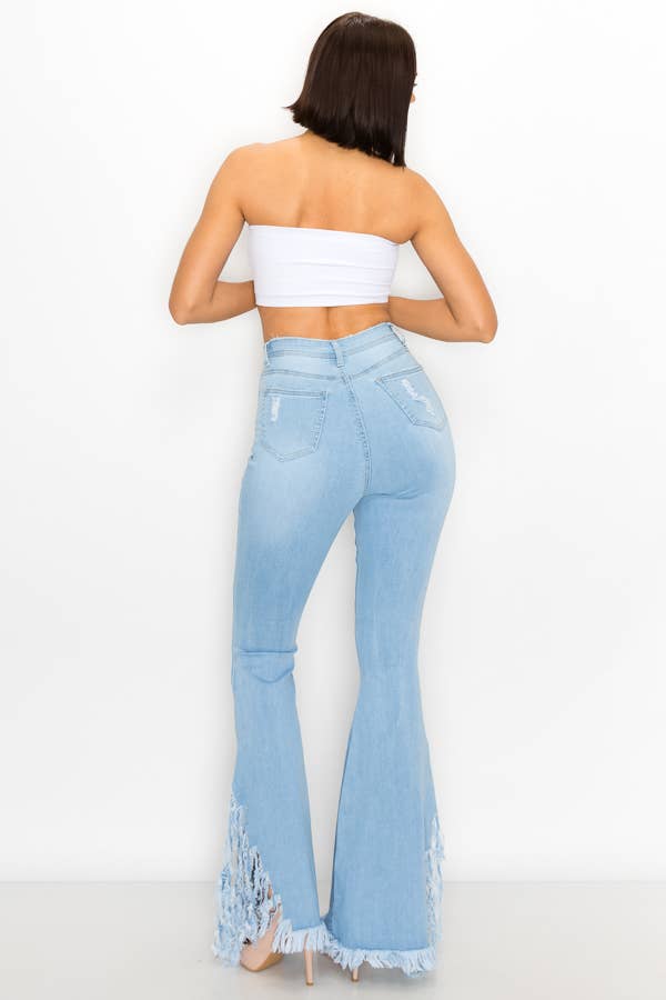 JAZZ-045 HIGH WAISTED DISTRESSED BELL BOTTOMS WOMEN JEANS: LIGHT BLUE