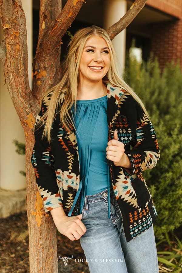 Plus Size Black Aztec Button Down Long Sleeve Hoodie