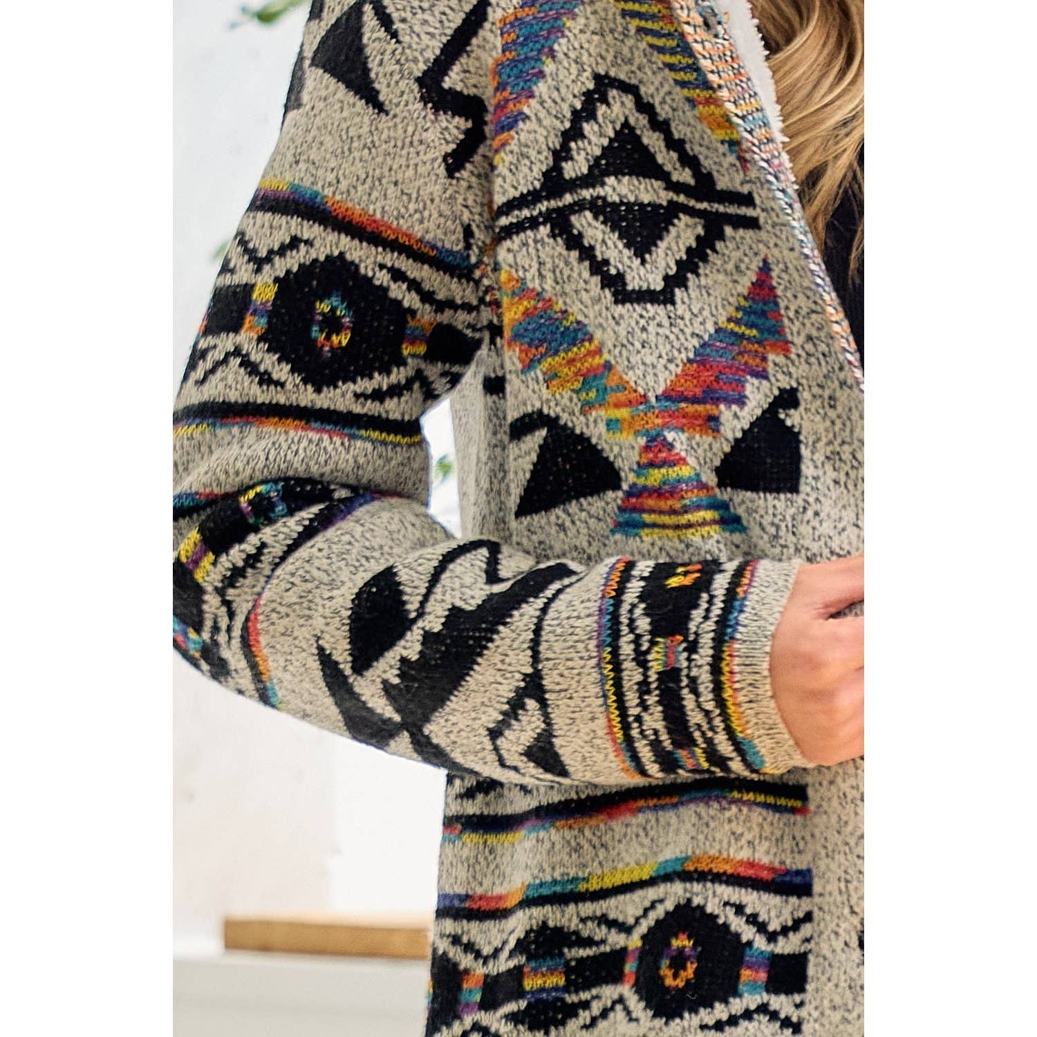 Rainbow Aztec Long Sleeve Hooded Sweater Cardigan: OATMEAL MULTI