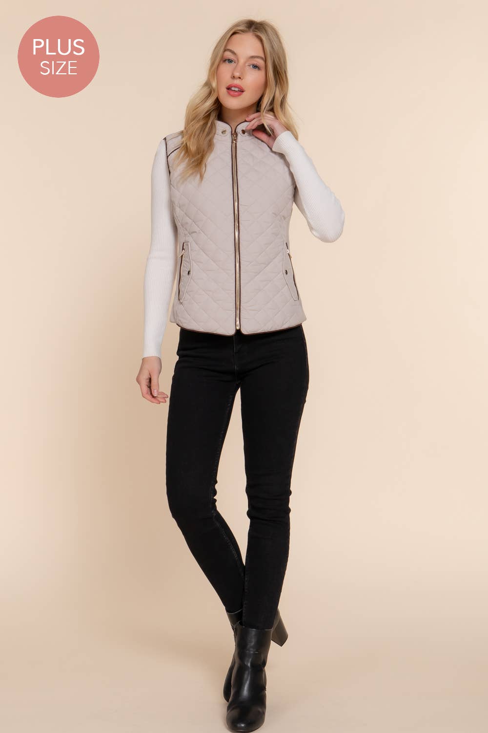 Suede Piping Quilted Padding Vest: TPE-pale taupe
