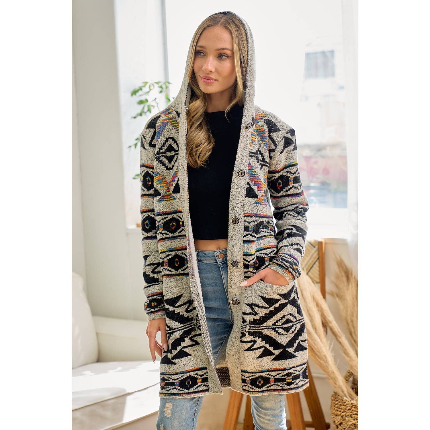 Rainbow Aztec Long Sleeve Hooded Sweater Cardigan: OATMEAL MULTI