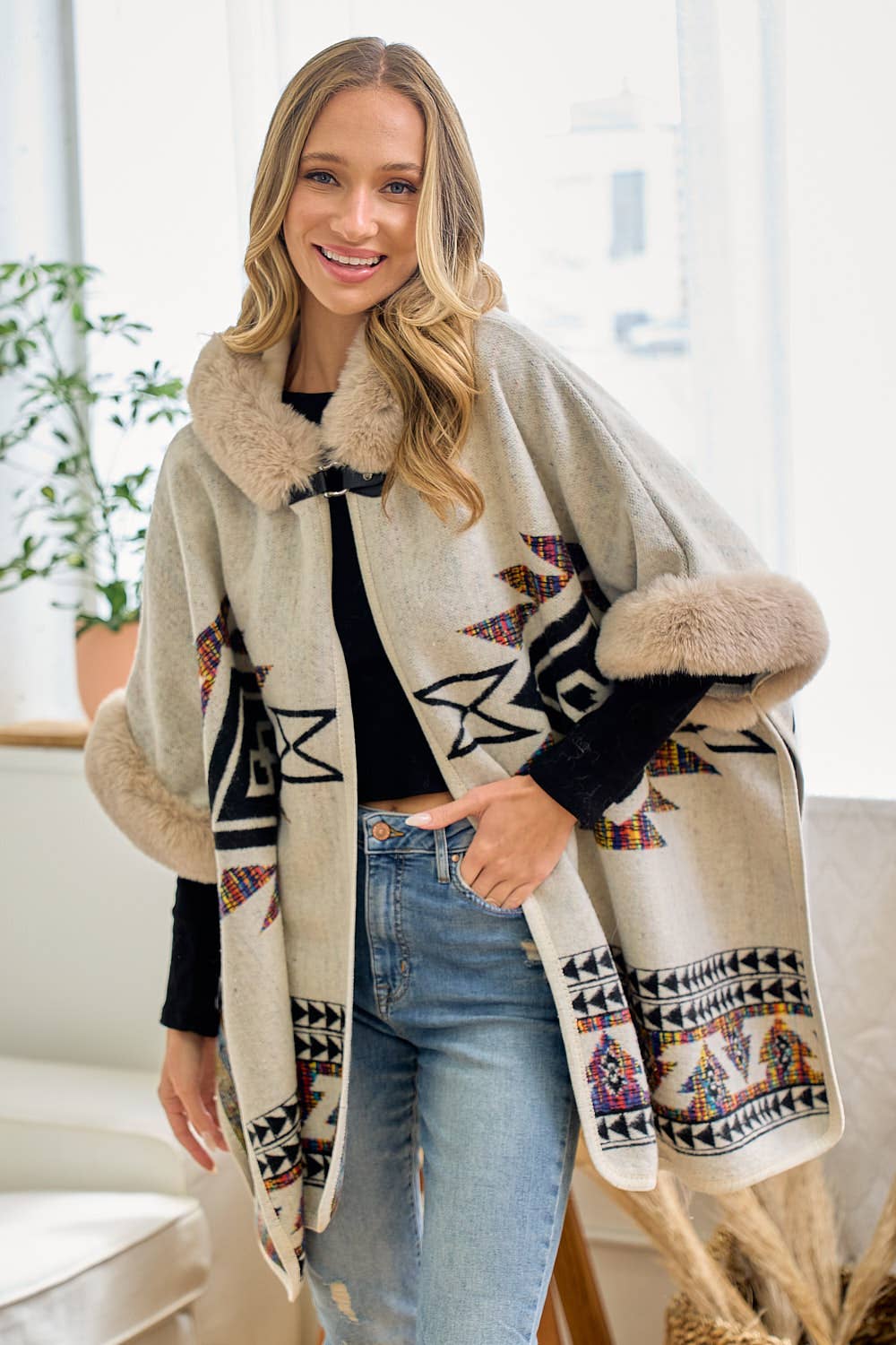 Rainbow Multi Diamond Faux Fur Hooded Poncho: TAUPE MULTI