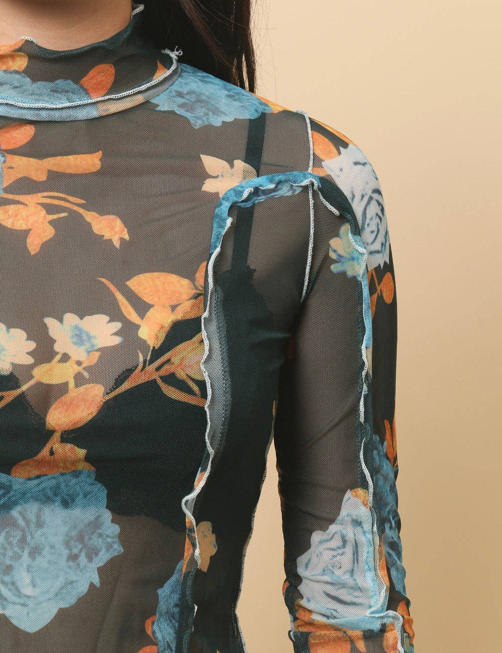 Ladies Floral See Sheer Mesh Layring Top Pullover Blouse SKT4799: Green