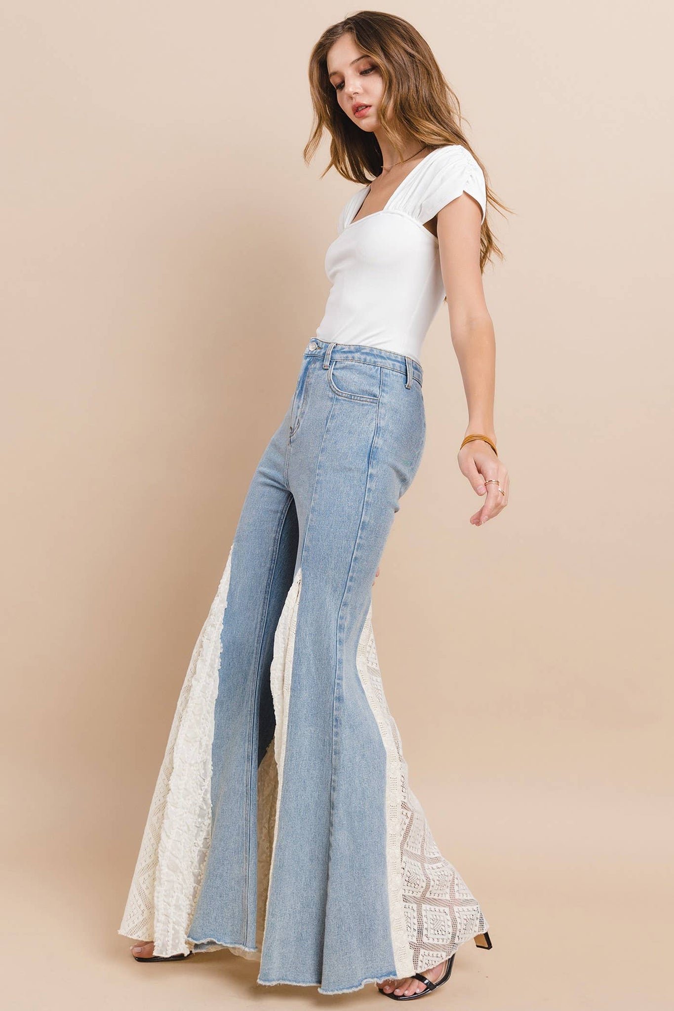 LACE DETAIL WIDE LEG JEANS 2481PIB LIGHT DENIM: LIGHT DENIM