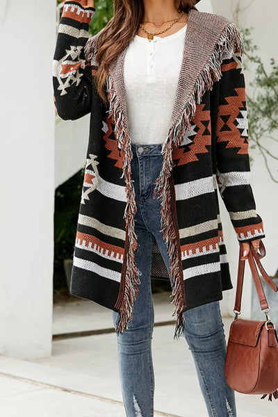 Aztec Tassel Hooded Front Open Cardigan Black