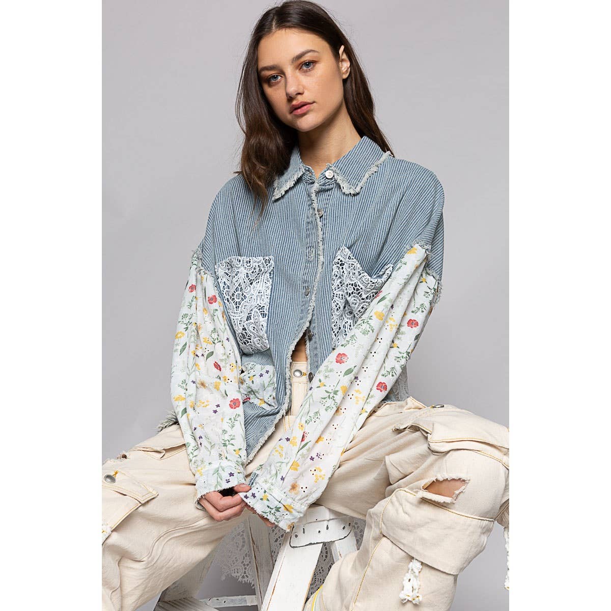 Floral print long sleeve crochet patches shacket: STRIPE DENIM