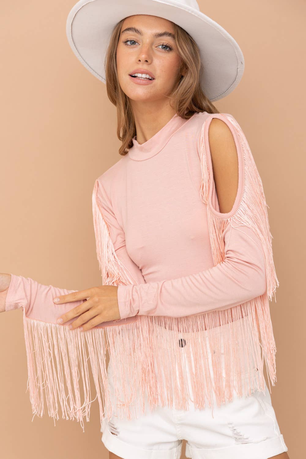 32406T - Rayon Jersey Mock Neck Shoulder Fringe Bodysuit: BLUSH