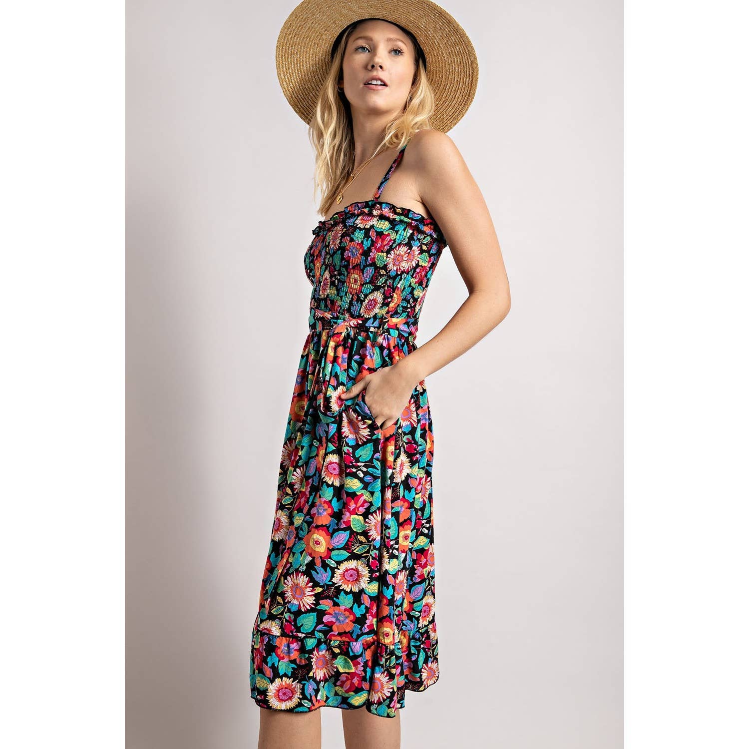 FLOWER PRINT SMOCKING DRESS: Black Combo