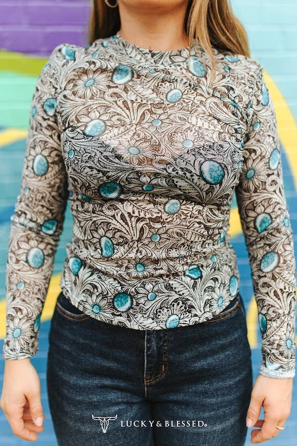 Ivory Tooled Turquoise Stone Printed Long Sleeve Mesh Tops: