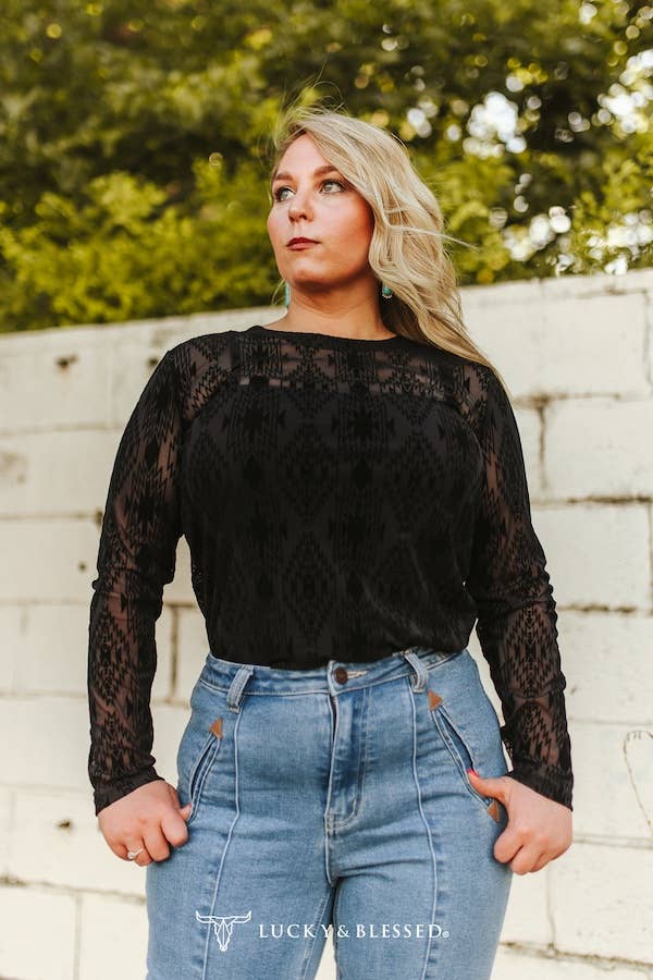 Black Aztec Burnout Mesh Long Sleeve Top