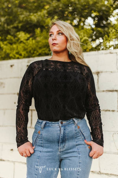 Black Aztec Burnout Mesh Long Sleeve Top
