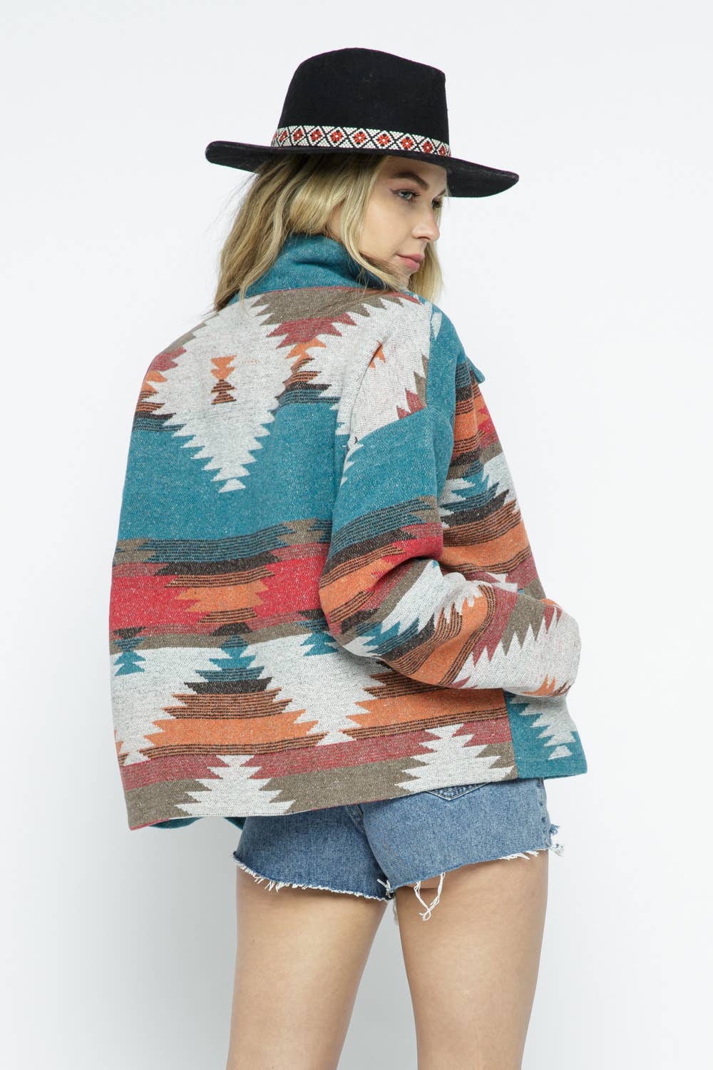 30012J - SOFT COMFY LIGHT WEIGHT AZTEC PATTERN JACKET:/ TEAL RED MIX