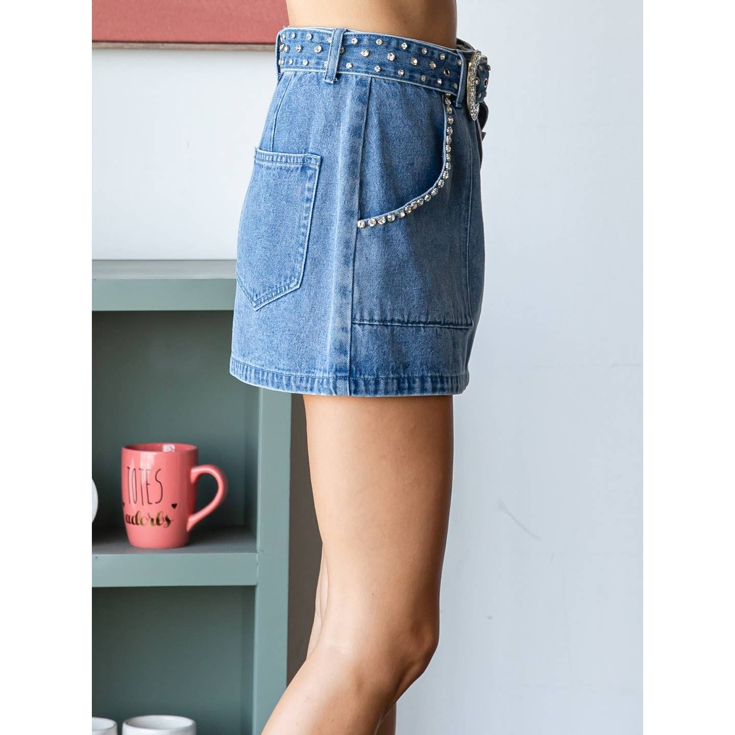 Rhinestone Belt Denim Mini Skirt: Med Wash