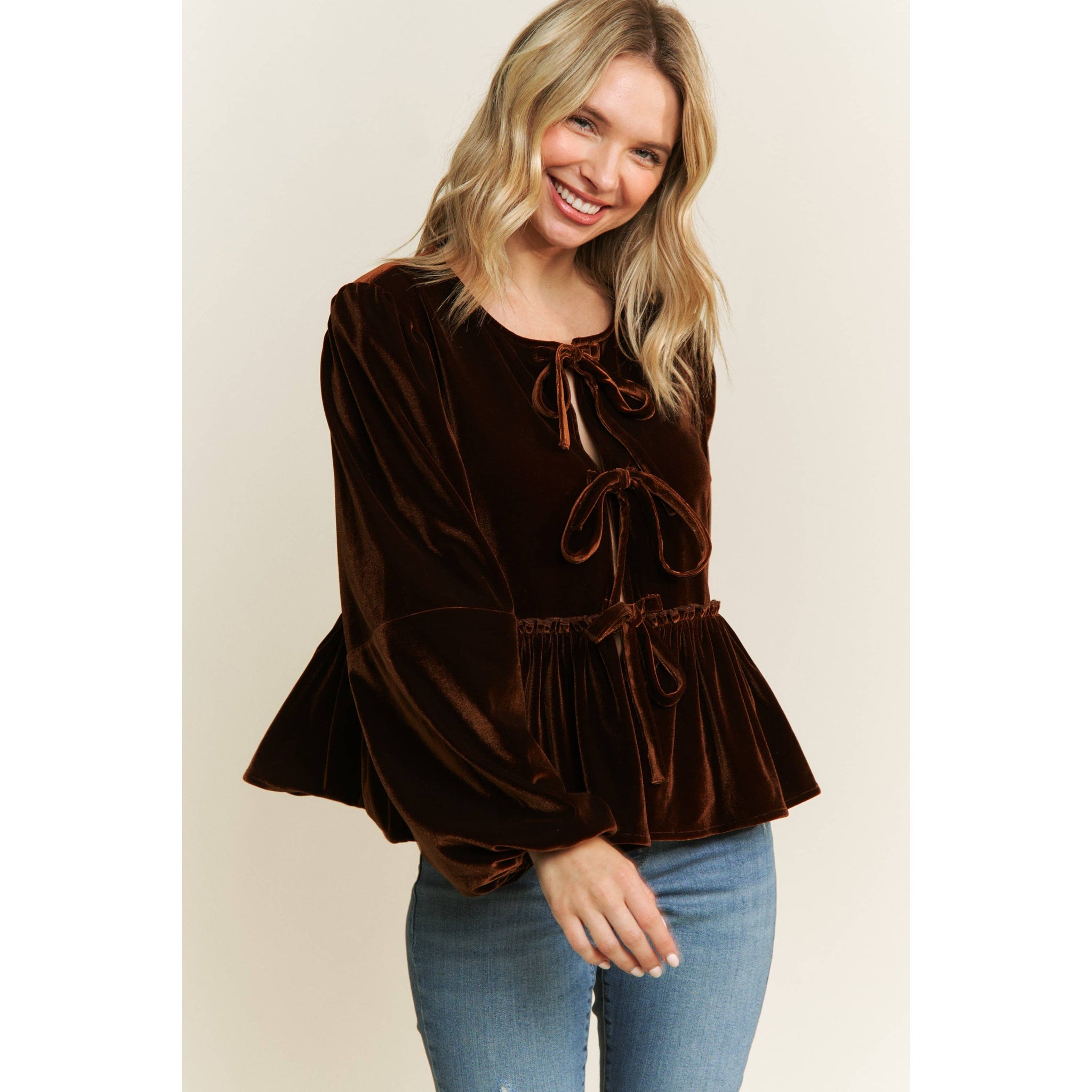 VELVET OPEN FRONT BABYDOLL LONG SLEEVE BLOUSE WITH BOW DETAIL