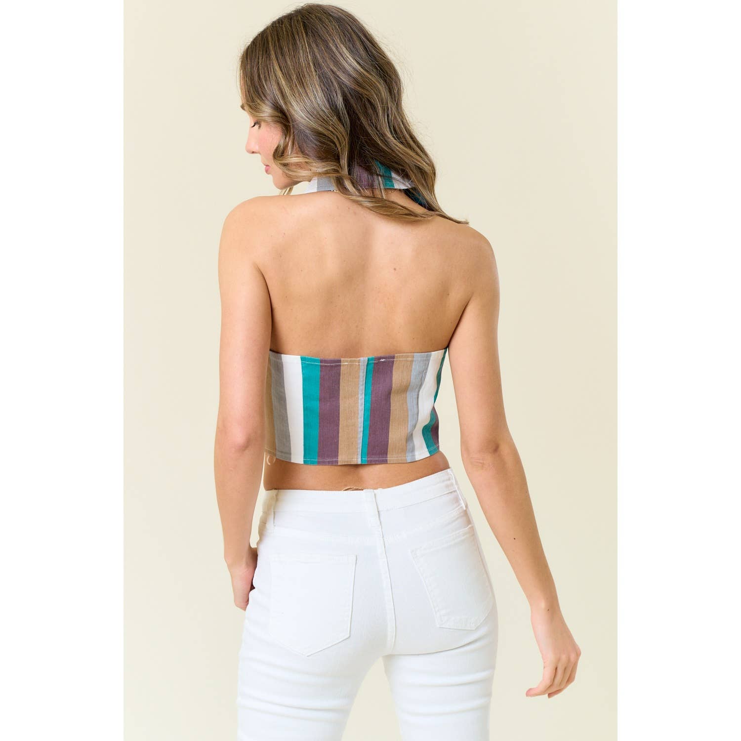 STRIPE PRINT DENIM HALTER NECK VEST: TURQUOISE MULTI