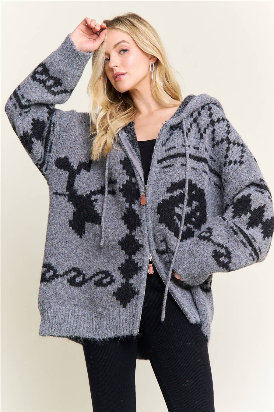 CESW4139-ZIP-UP AZTEC HOODED KNIT CARDIGAN:ONESIZE