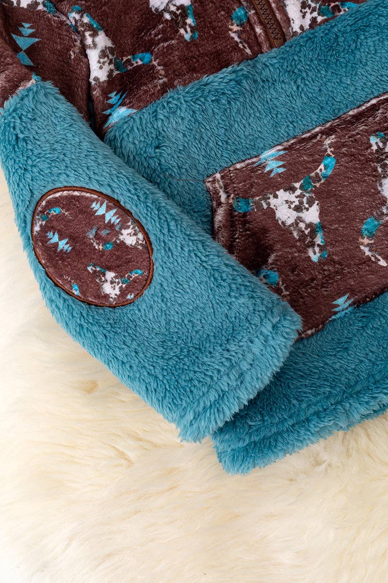 Sherpa & fleece aztec printed on teal pullover. (WESTERN) TPB50690