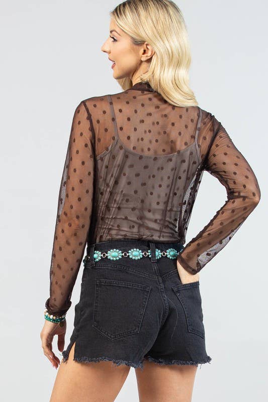 AV1276-POLKA TOP SHEER MESH TOP: Brown