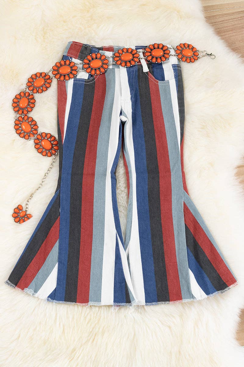 Multi-color stripe printed bootcut denim pants. PNG65153068