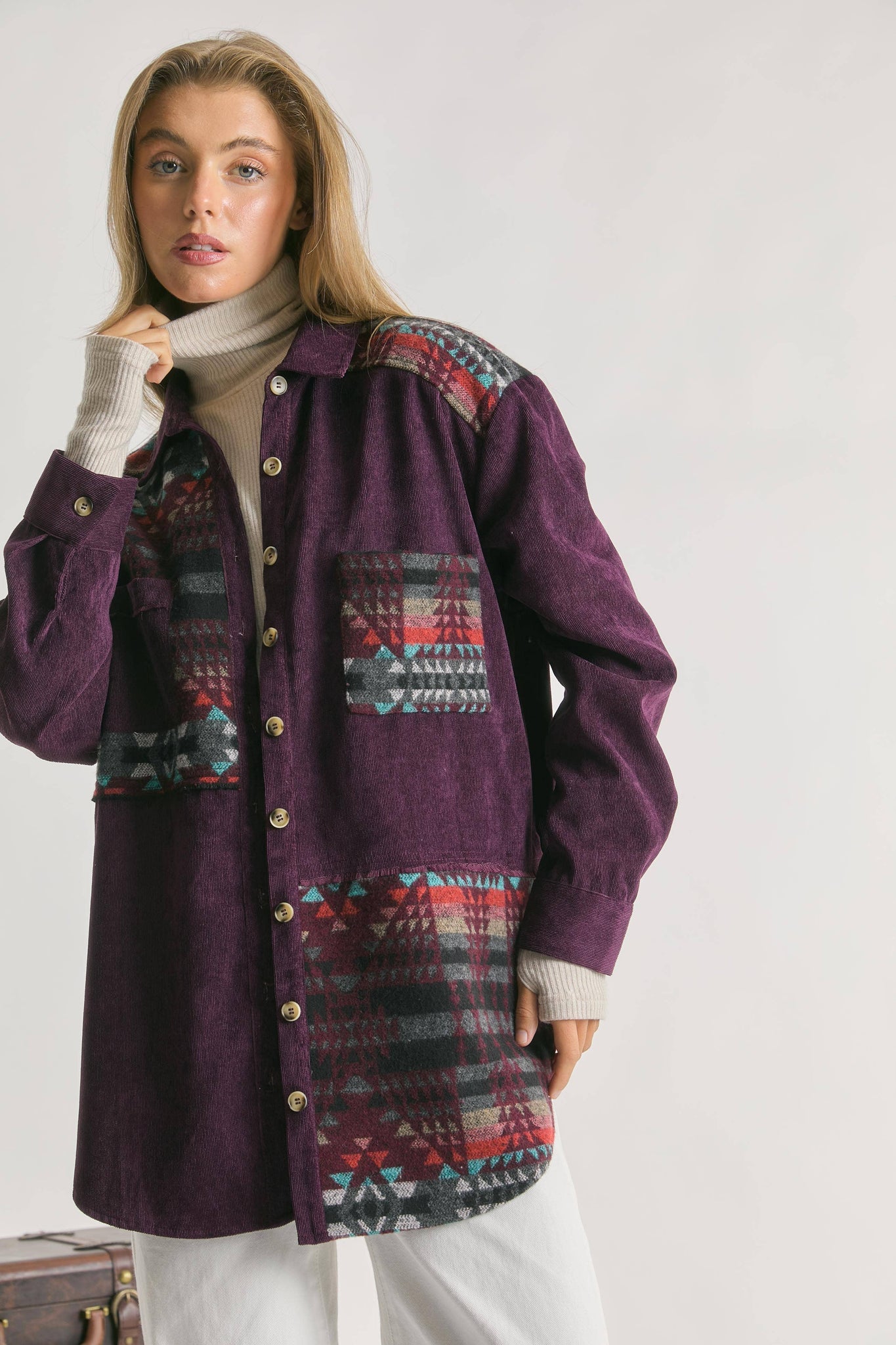 GEO JACQUARD WEAVING CONTRAST BUTTON FRONT SHIRT