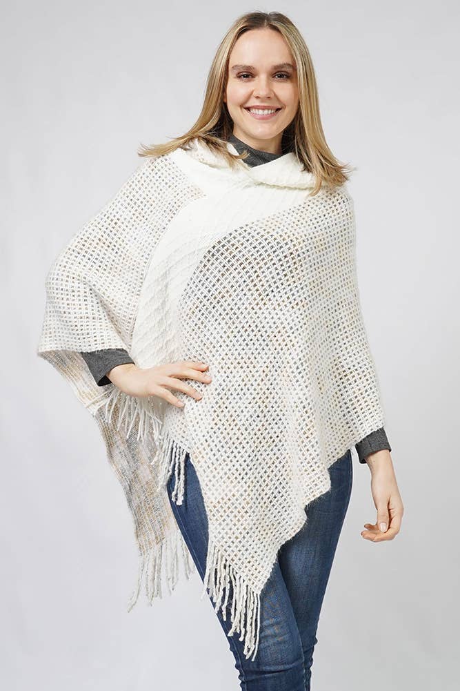 Multi Color Knit Hooded Poncho: Ivory