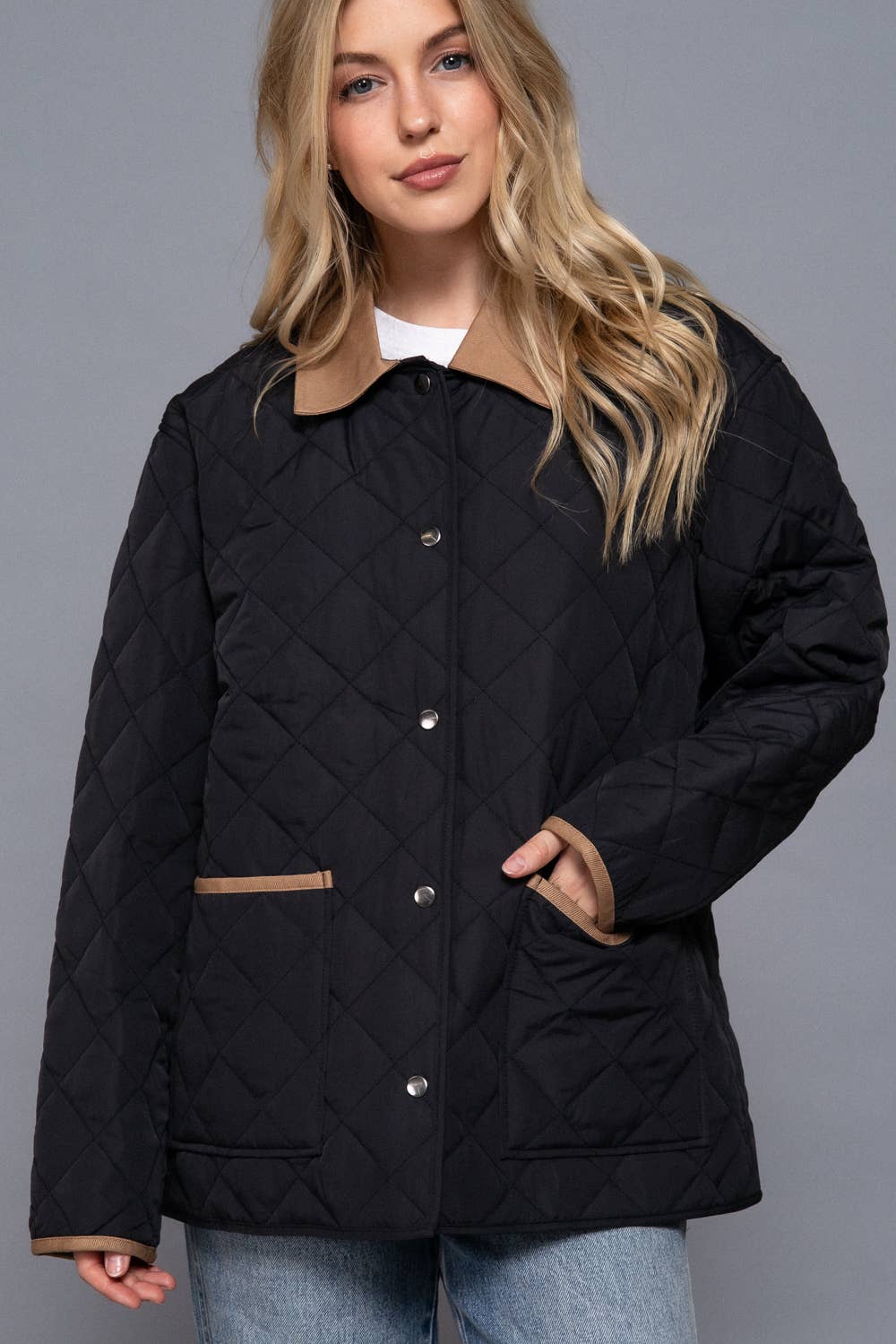 Long Sleeve Contrast Lapel Collar Quilted Puffer Work Jacket: