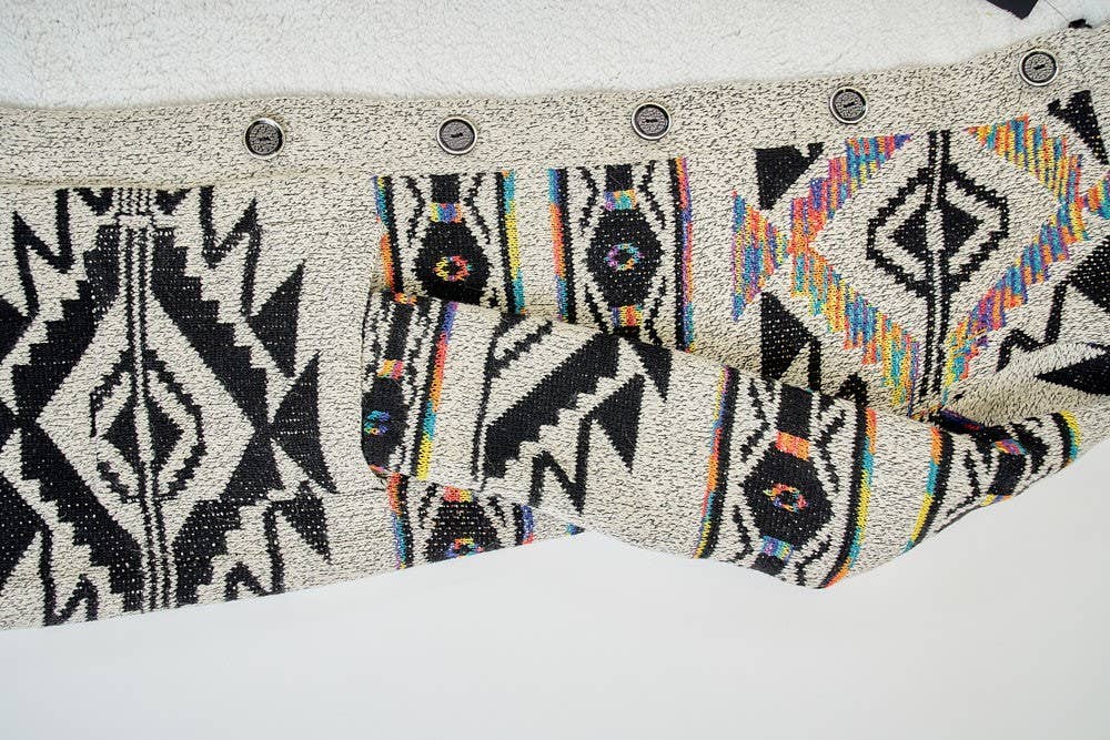Rainbow Aztec Long Sleeve Hooded Sweater Cardigan: OATMEAL MULTI