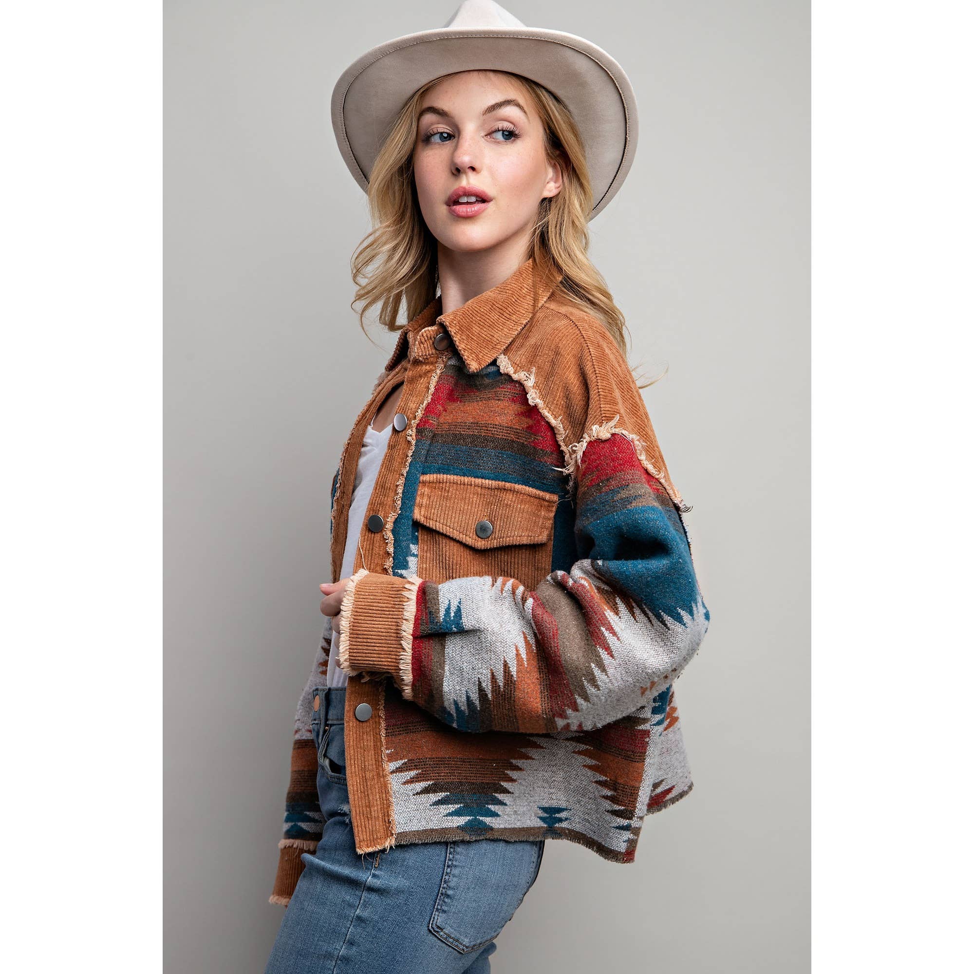 TRIBAL AZTEC PATTERN COLORBLOCK BUTTON DOWN SHIRT JACKET:
