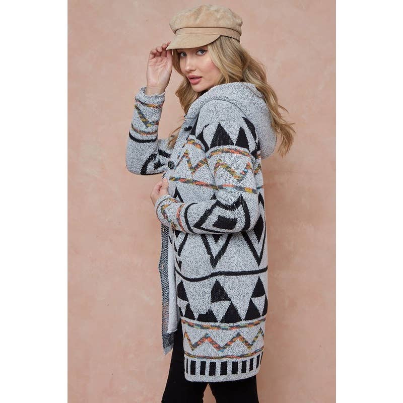 Aztec Rainbow Long Sleeve Hoodie Cardigan w_Sherpa