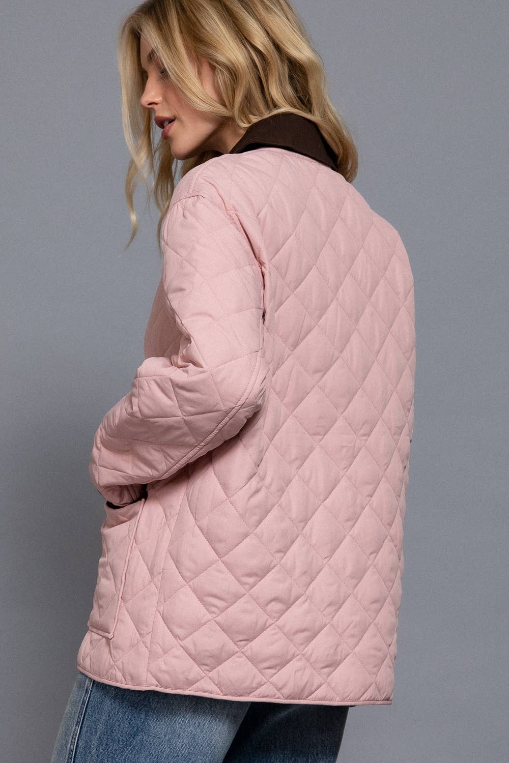Long Sleeve Contrast Lapel Collar Quilted Puffer Work Jacket: