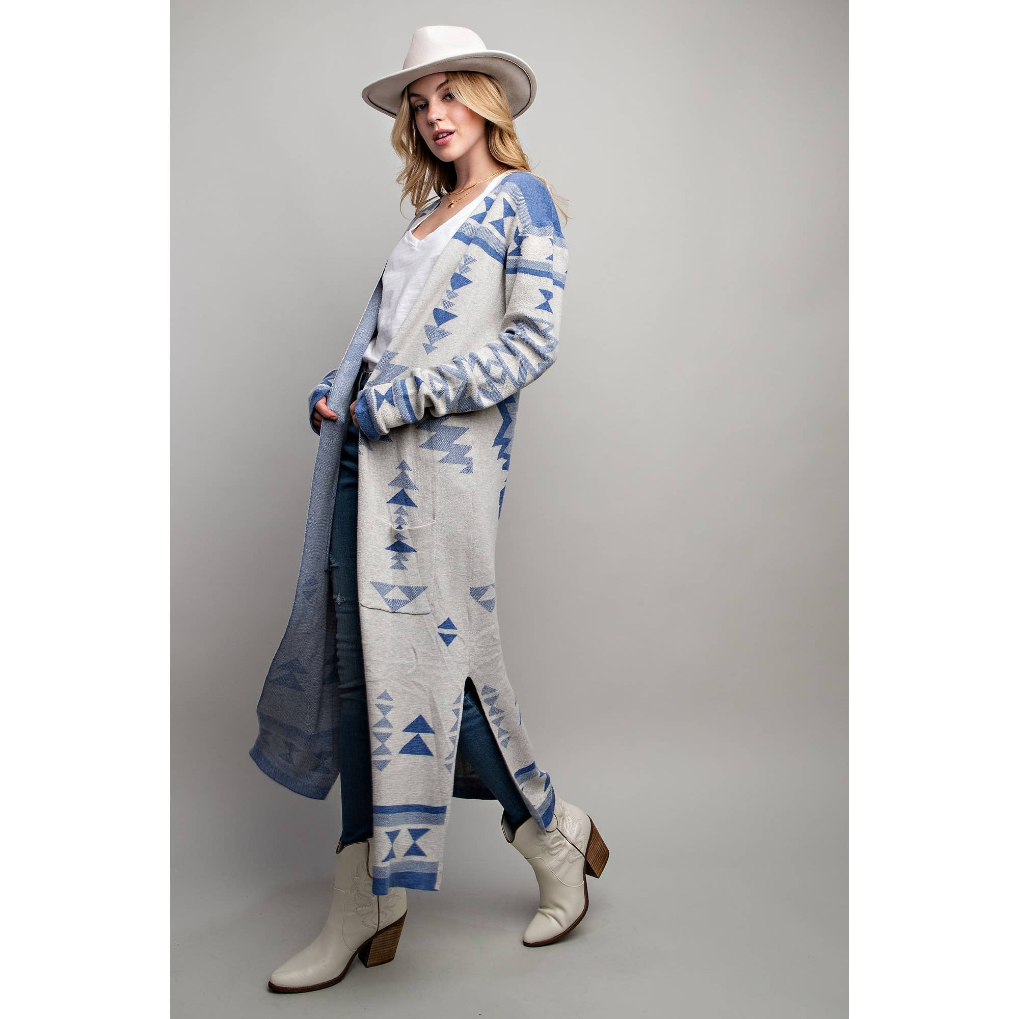 AZTEC PATTERN LONG CARDIGAN: Blue Multi