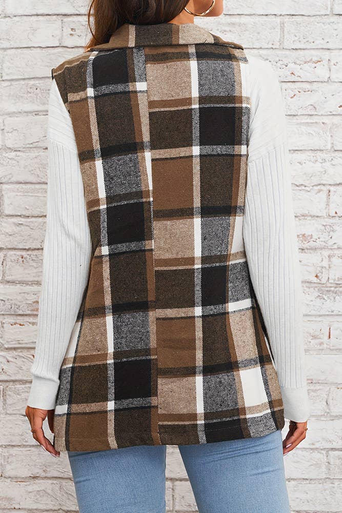 Brown Plaid Lapelle Collar Button Up Vest Coat