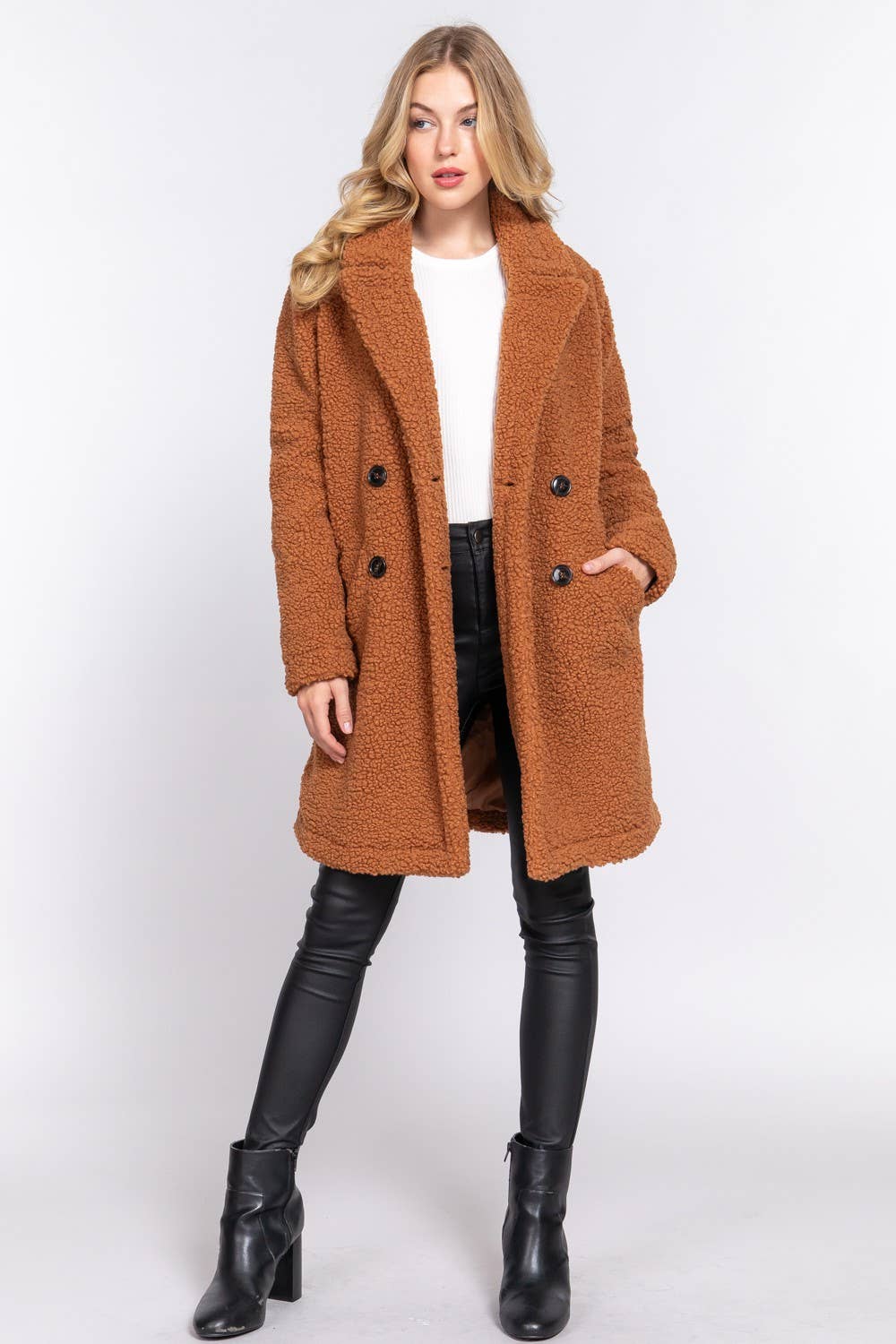 Long Sleeve Double Breasted Faux Fur Teddy Coat: Kha-Camel