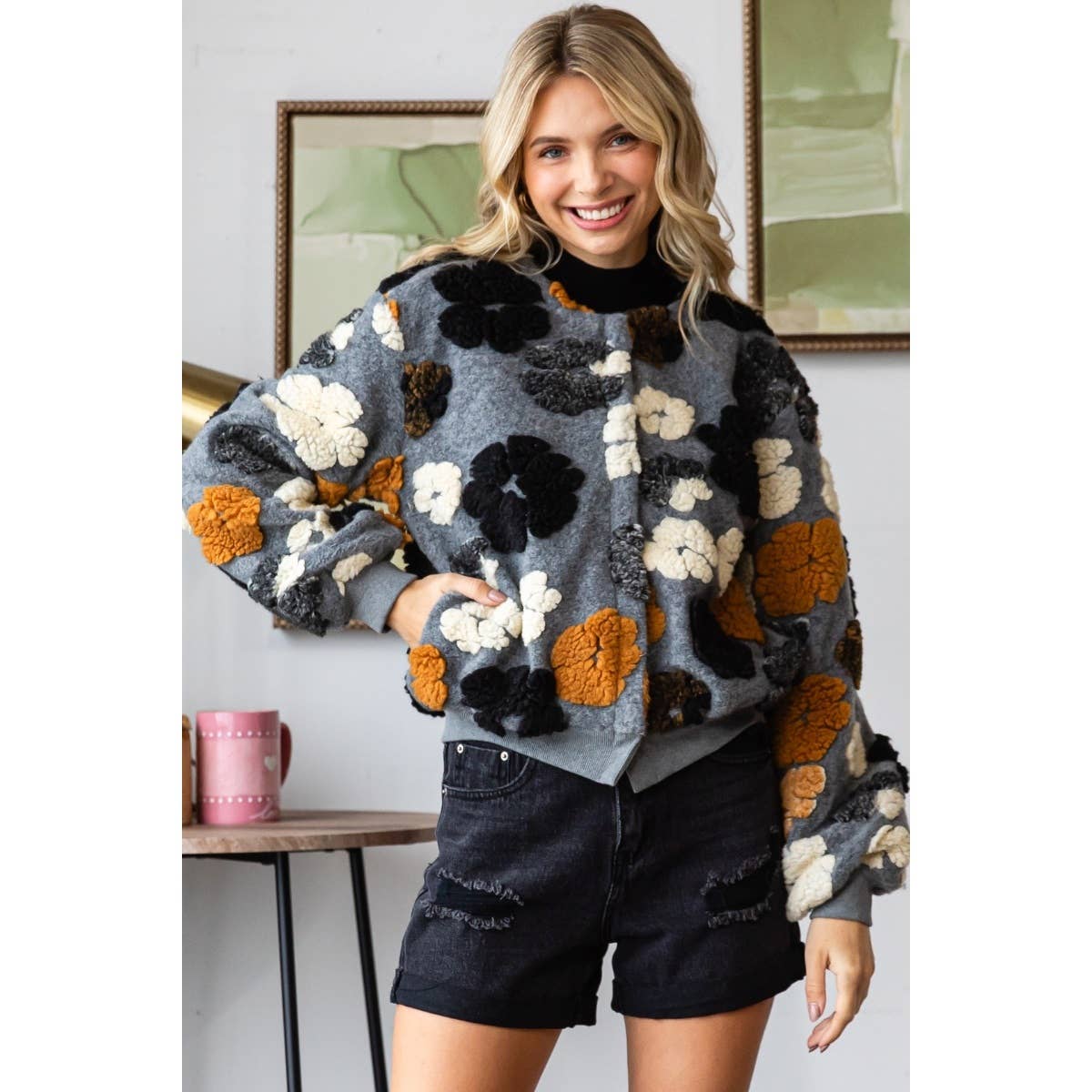 Felted Flower Puff Sleeve Button Jacket