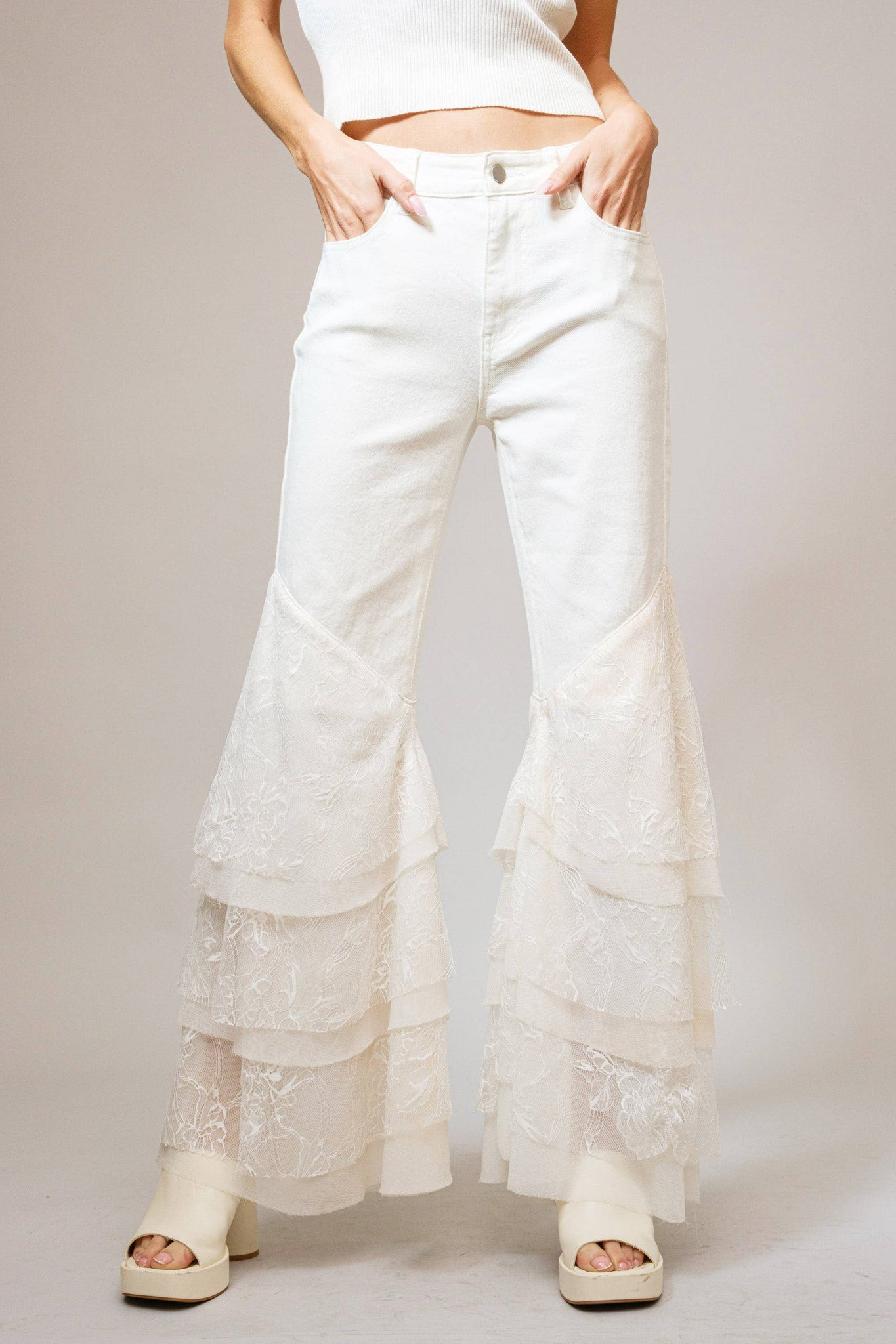 15503P - Mid Rise Lace Tiered Flare Denim Jeans: White