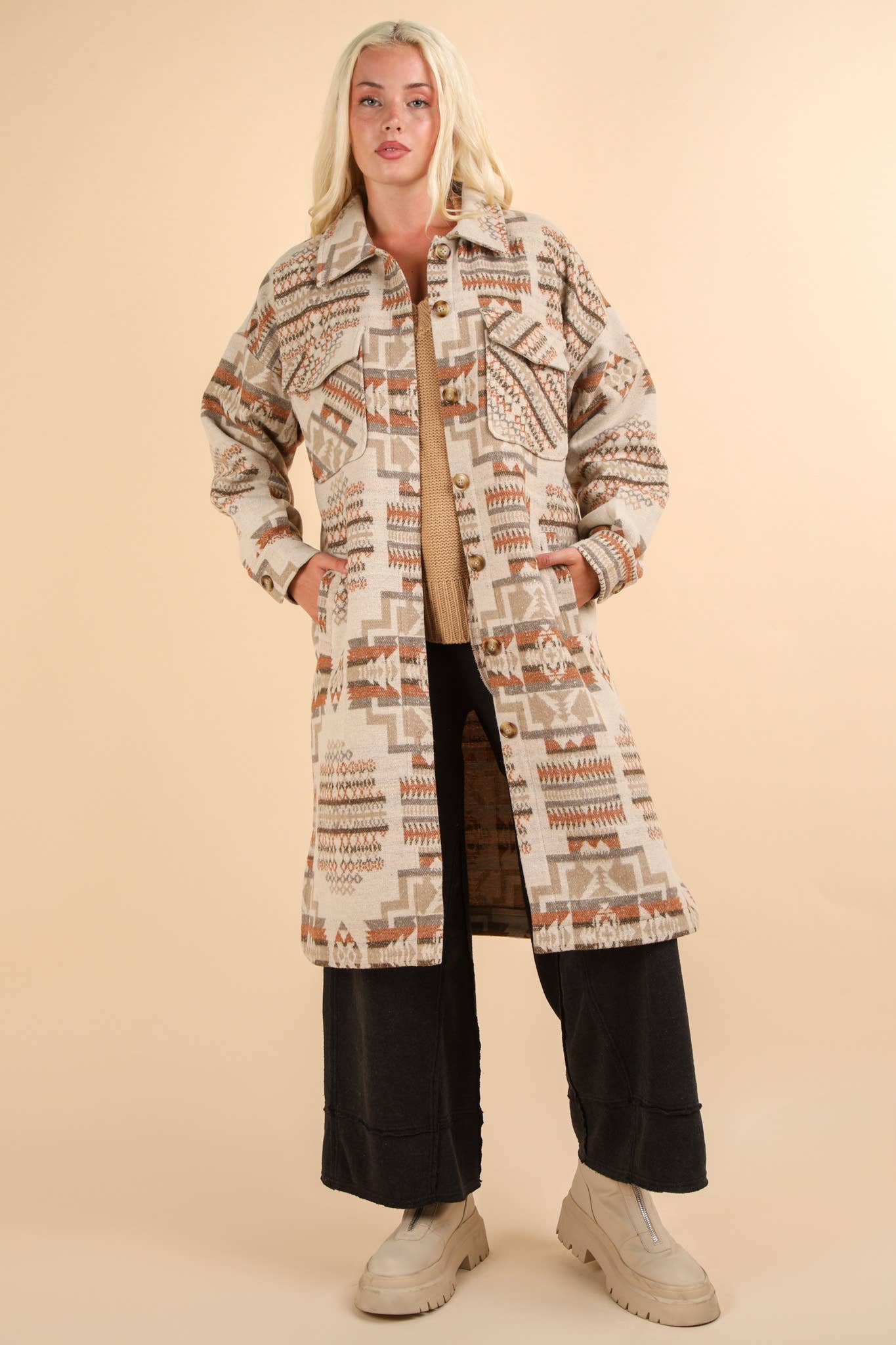 Aztec & Plaid Printed Shacket Jacket Coat: MOCHA MIX