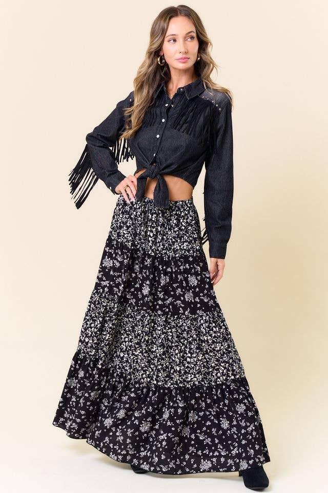 MIXED MEDIA TIERED MAXI SKIRT WITH POCKETS