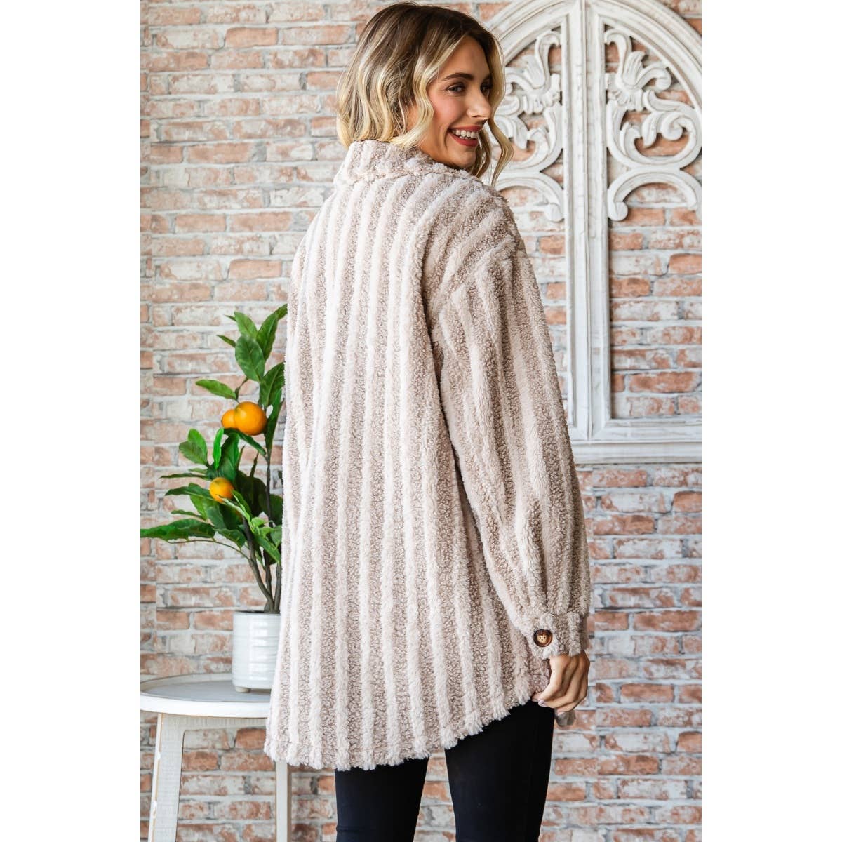 Stripe Sherpa Faux Fur Jacket: Taupe / L