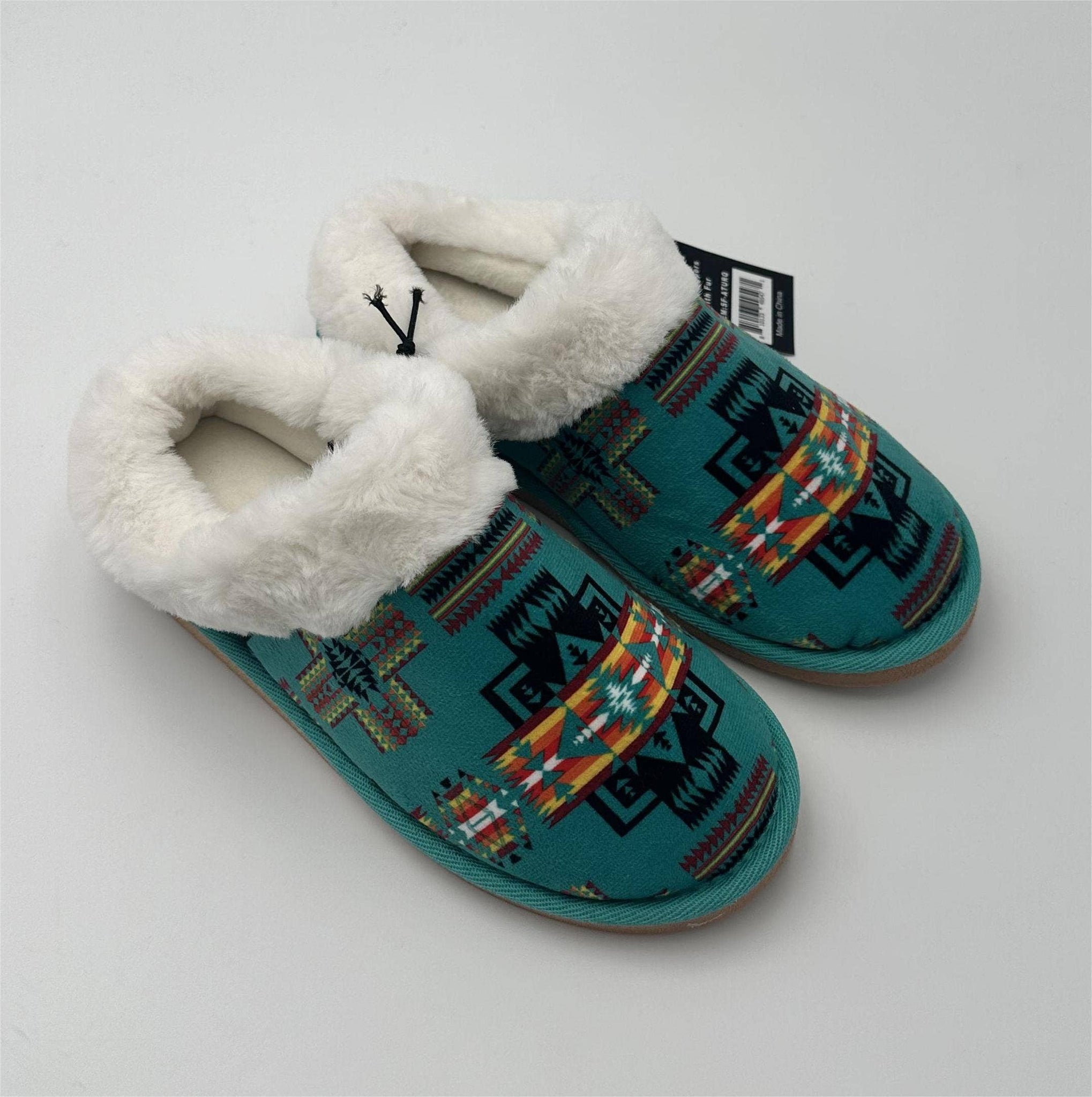 Indoor Slippers With Fur Aztec Turquoise: