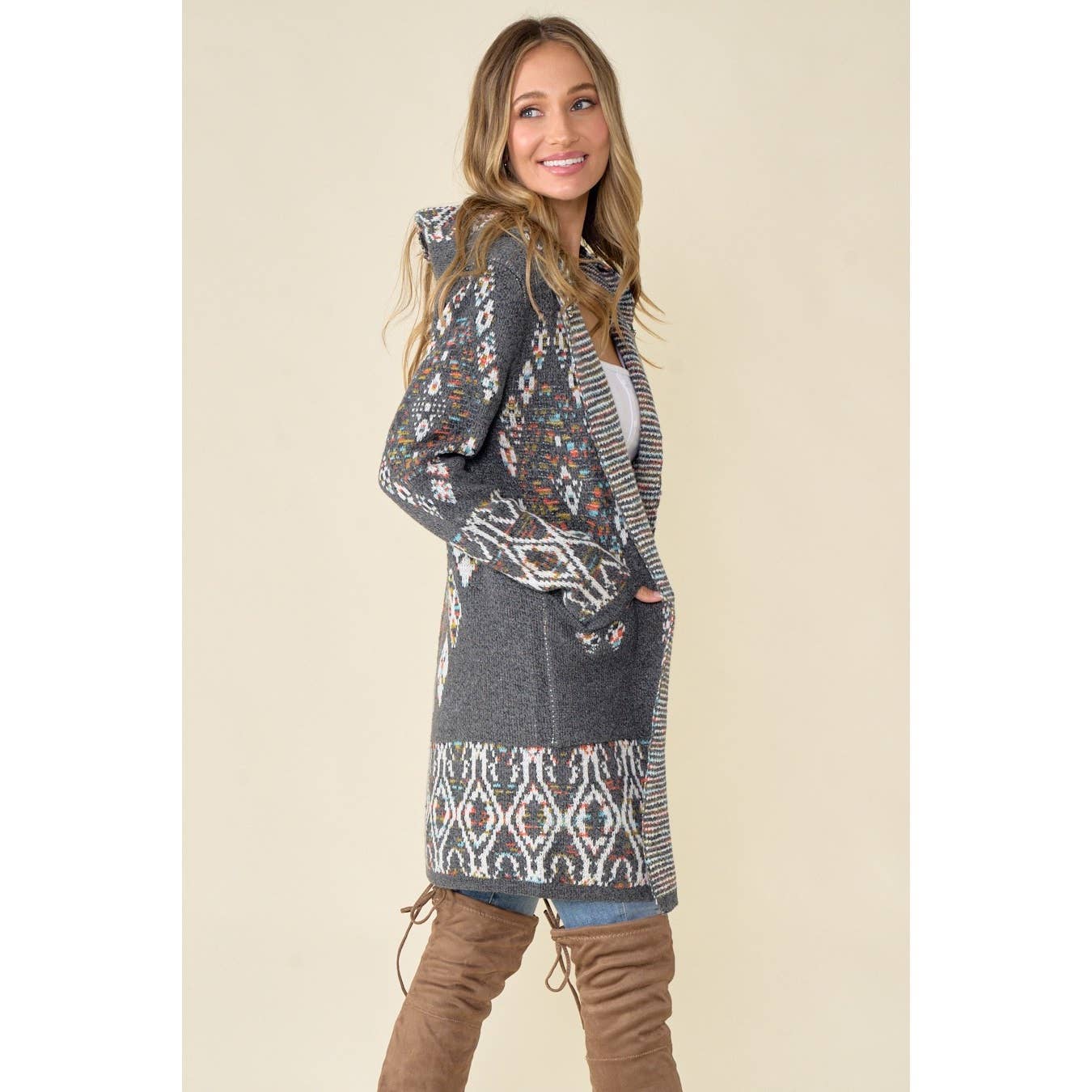 Aztec Rainbow Jacquard Long Sleeve Hooded Cardigan: GREY