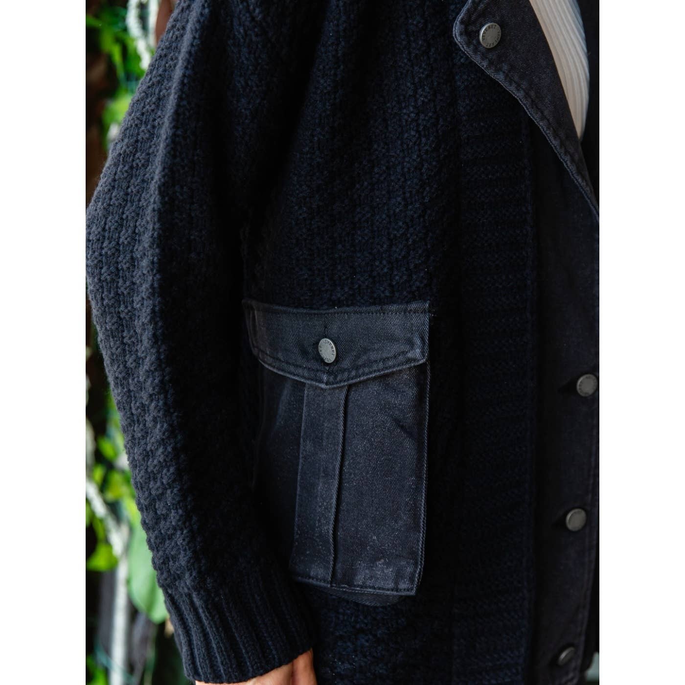 Knit Body Denim Layerd Jacket: Black / Grey